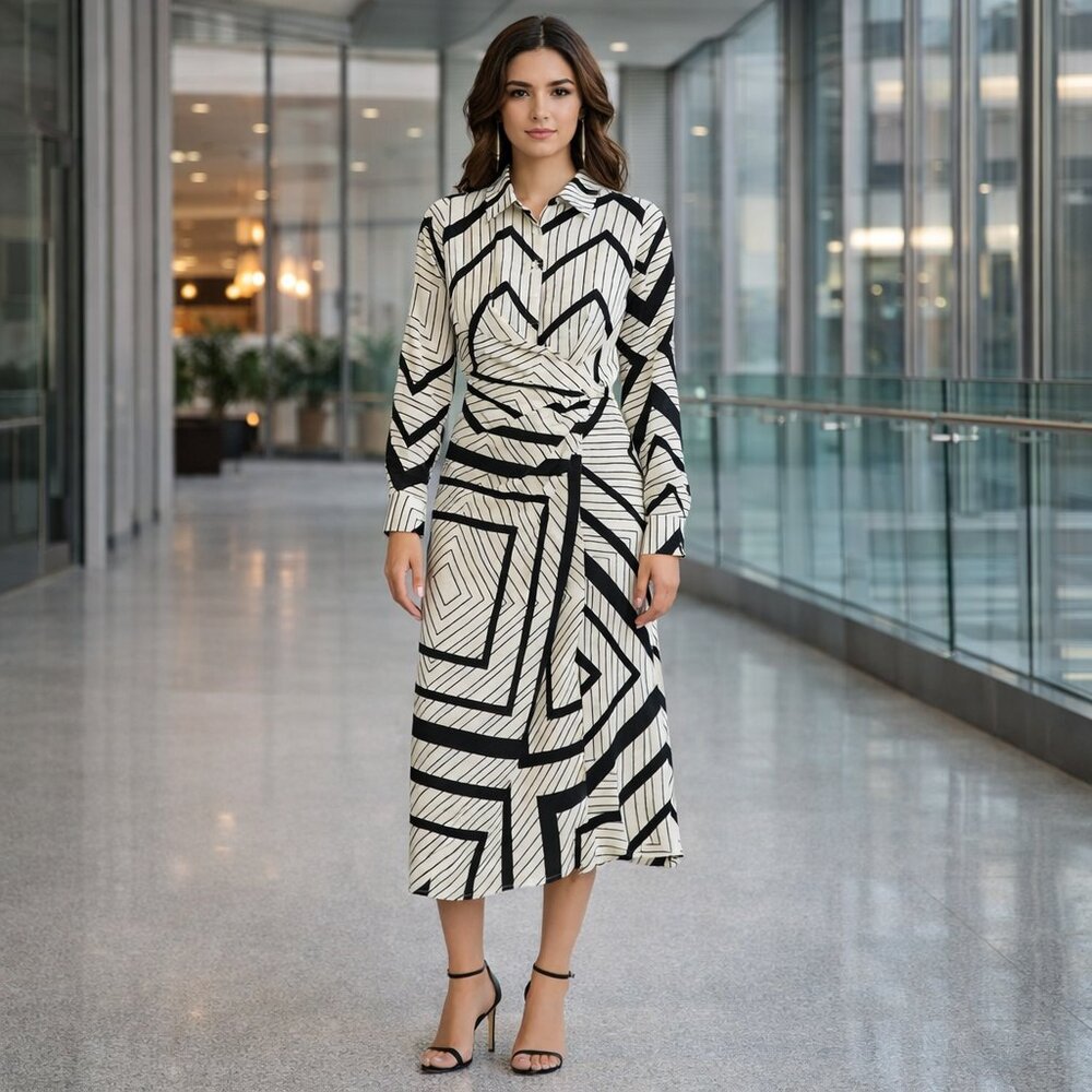 Zoe & Claire Stripe Wrap Waist Midi Shirtdress Black Ivory M-FREE MATCHING SCARF